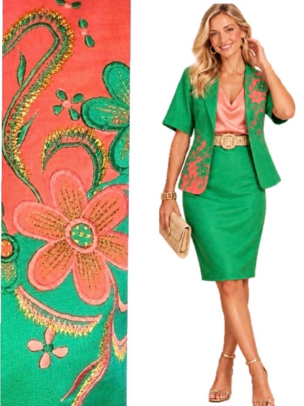 Frenchic, NWT Vintage Linen Embroidered Suit Palm Beach Floral Set, Size 8